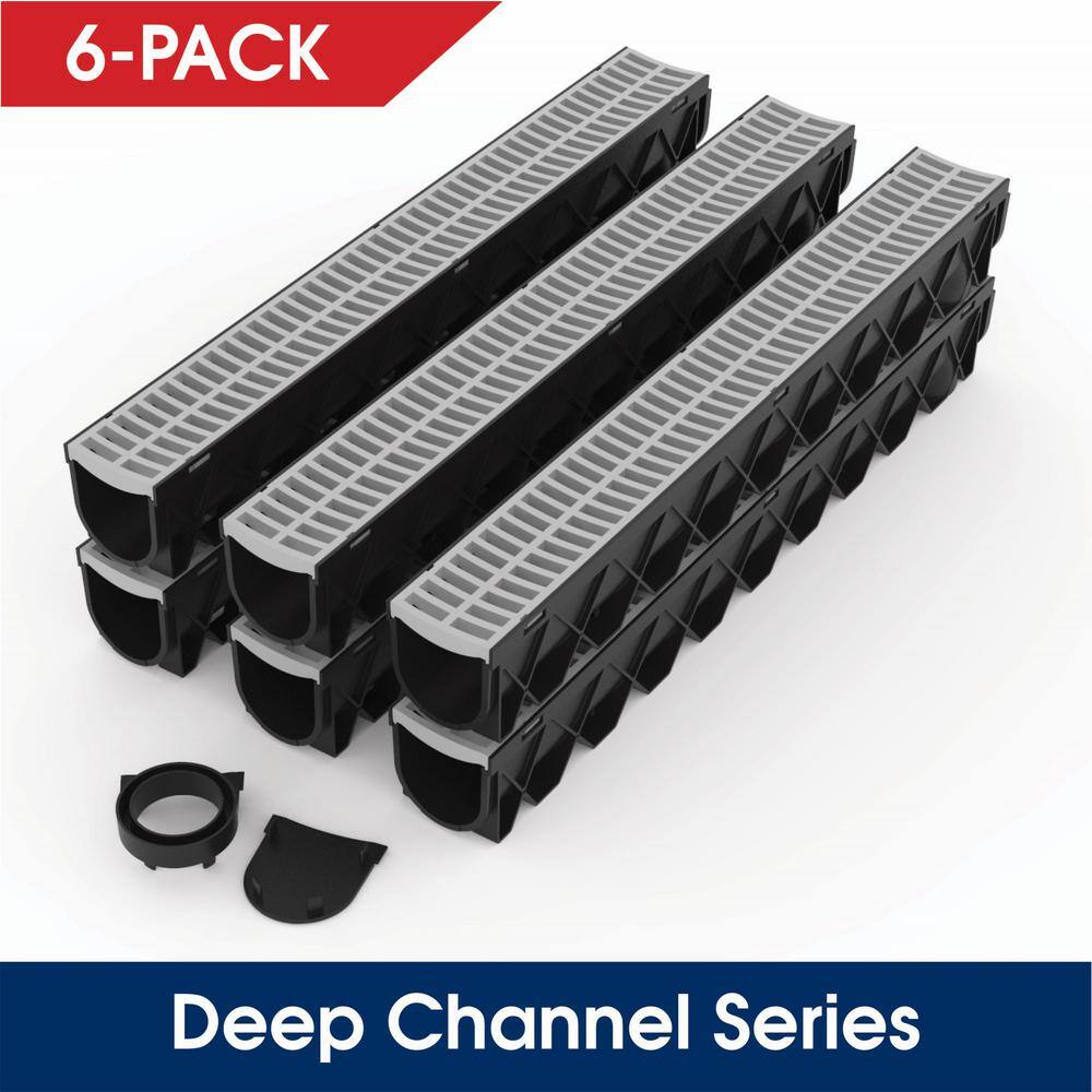 RELN 003131 Storm Drain Deep Series 5 in. W x 5.25 in. D x 39.4 in. L Channel Drain Kit with Gray Grate (6-Pack)1