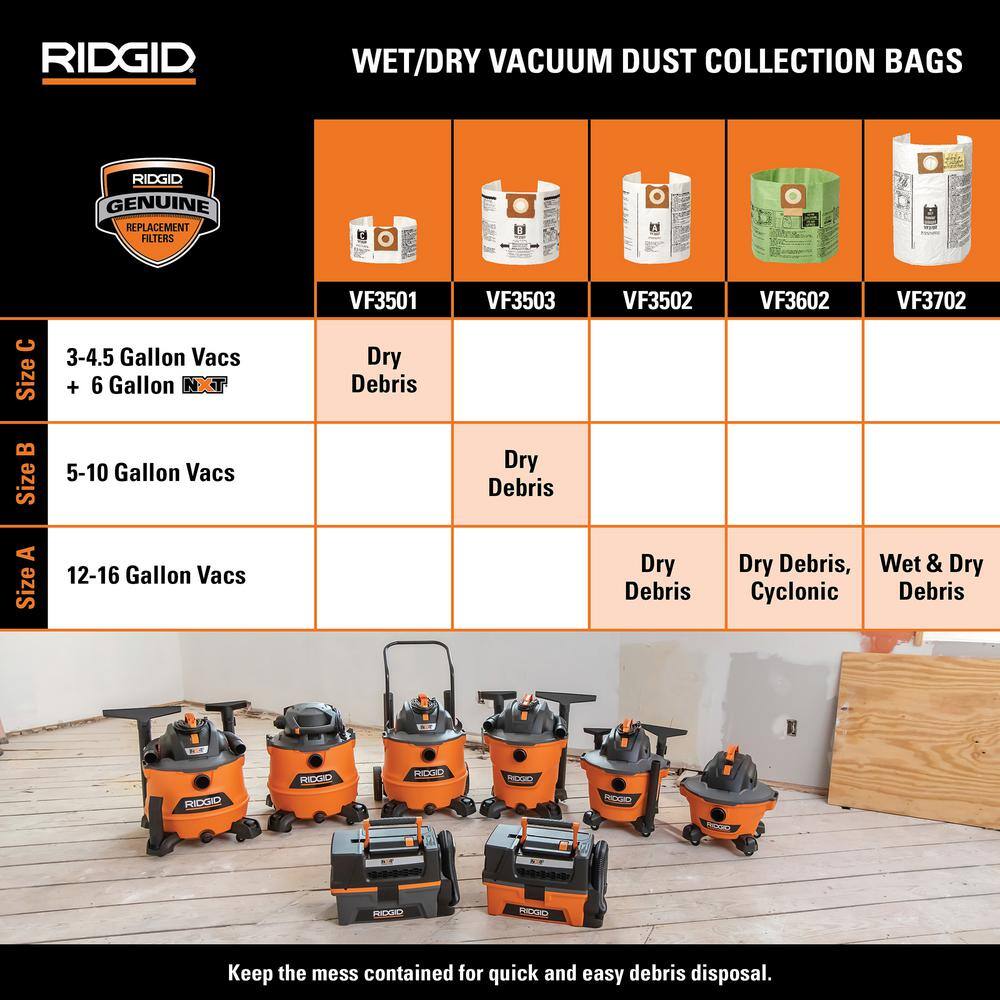 RIDGID VF3501B High-Efficiency Wet Dry Vac Dry Pick-up Only Dust Bags for 3-4.5 Gallon and HD0600 RIDGID Shop Vacuums, Size C (12-Pack)14