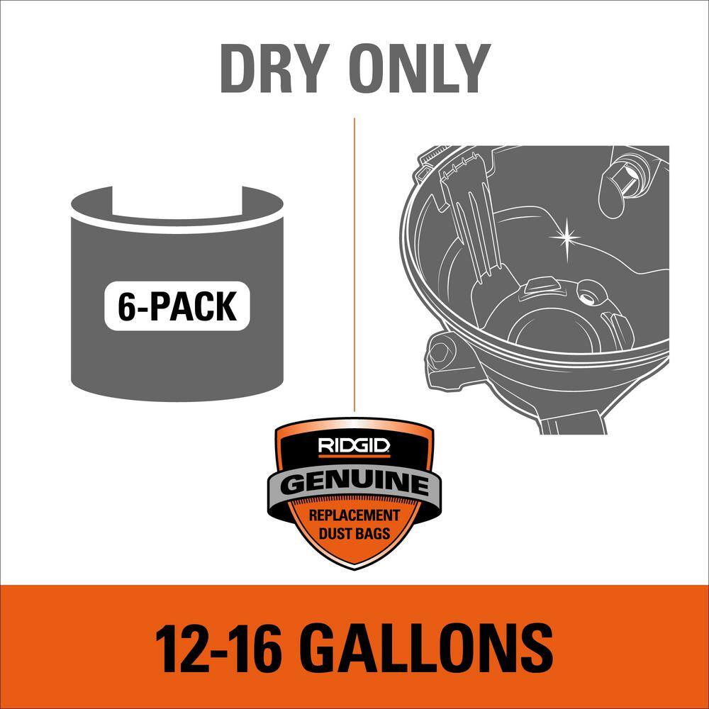 RIDGID VF3502A High-Efficiency Wet Dry Vac Dry Pick-up Only Dust Bags for Select 12-16 Gallon RIDGID Shop Vacuums, Size A (6-Pack)17