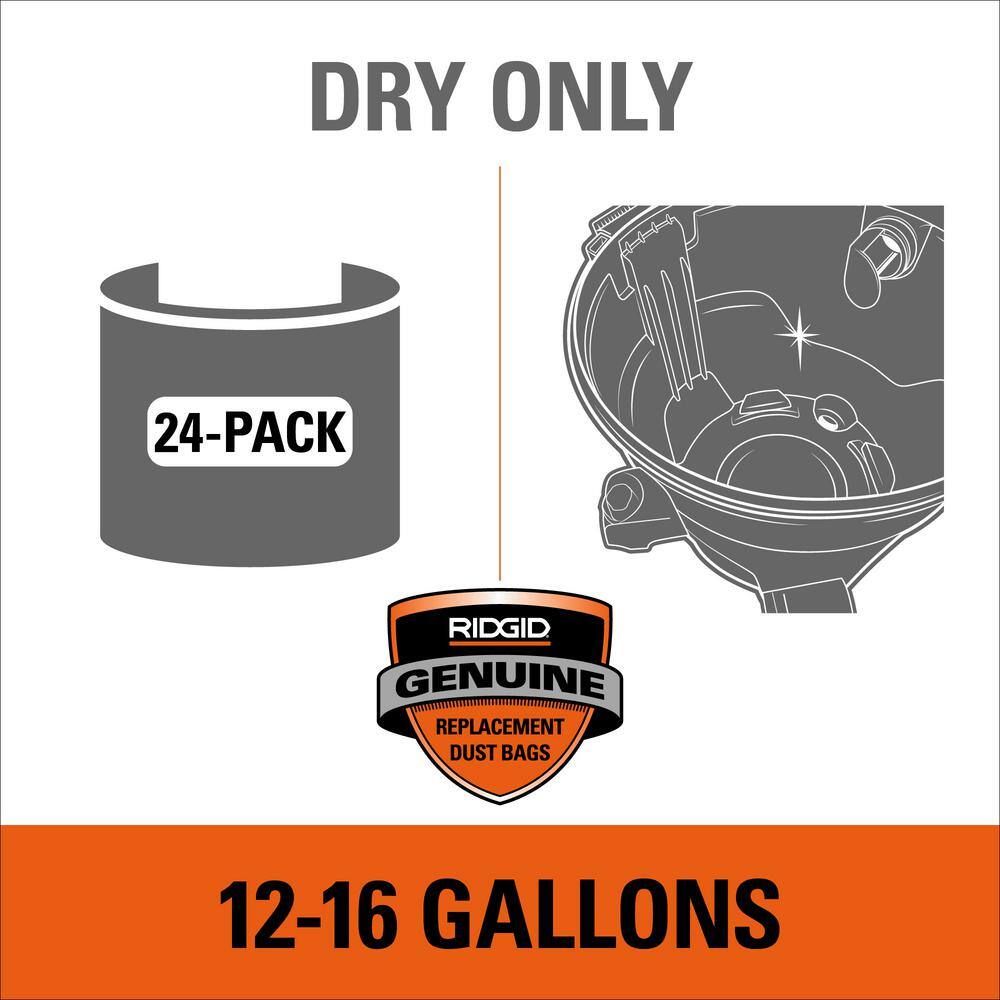 RIDGID VF3502C High-Efficiency Wet Dry Vac Dry Pick-up Only Dust Bags for Select 12-16 Gallon RIDGID Shop Vacuums, Size A (24-Pack)164