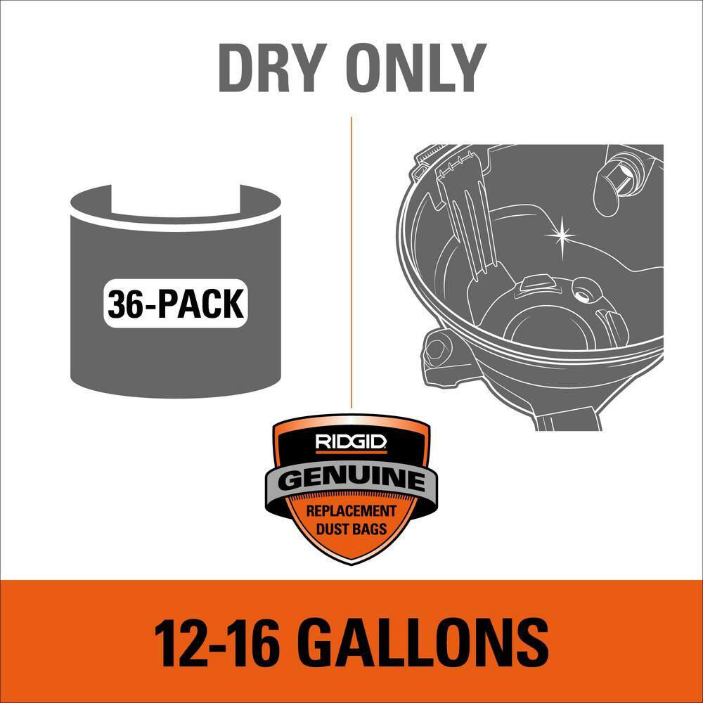 RIDGID VF3502D High-Efficiency Wet Dry Vac Dry Pick-up Only Dust Bags for Select 12-16 Gallon RIDGID Shop Vacuums, Size A (36-Pack)17