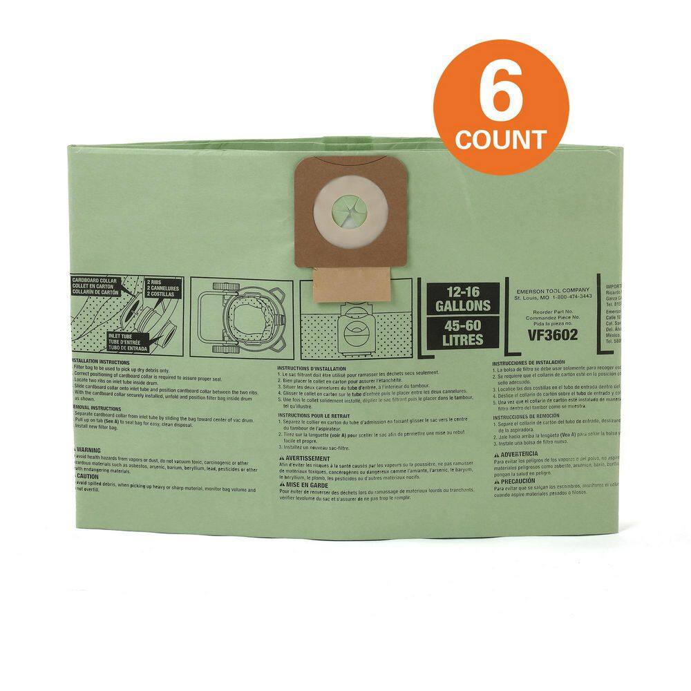 RIDGID VF3602A Wet Dry Vac Premium Cyclonic Dry Pick-up Only Dust Bags for Select 12-16 Gallon RIDGID Shop Vacuums, Size A (6-Pack) RIDGID VF3602A Wet Dry Vac Premium Cyclonic Dry Pick-up Only Dust Bags for Select 12-16 Gallon RIDGID Shop Vacuums, Size A (6-Pack)