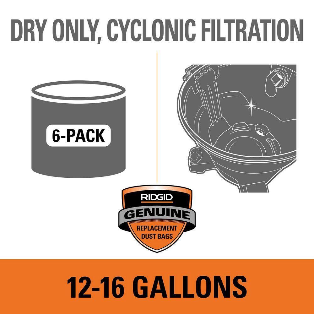 RIDGID VF3602A Wet Dry Vac Premium Cyclonic Dry Pick-up Only Dust Bags for Select 12-16 Gallon RIDGID Shop Vacuums, Size A (6-Pack)15