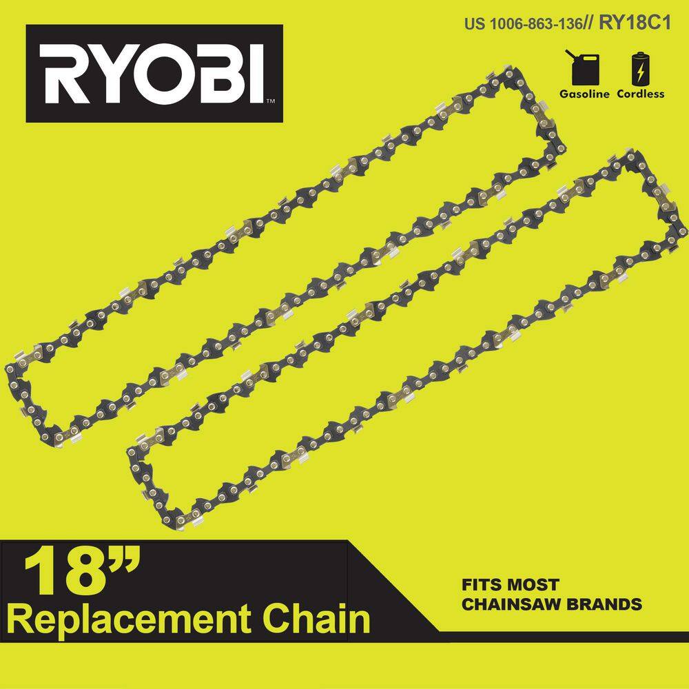 RYOBI RY18C1-RY18C1 18 in. 0.050-Gauge Replacement Full Complement Standard Chainsaw Chain, 62 Links (2-Pack) RYOBI RY18C1-RY18C1 18 in. 0.050-Gauge Replacement Full Complement Standard Chainsaw Chain, 62 Links (2-Pack)