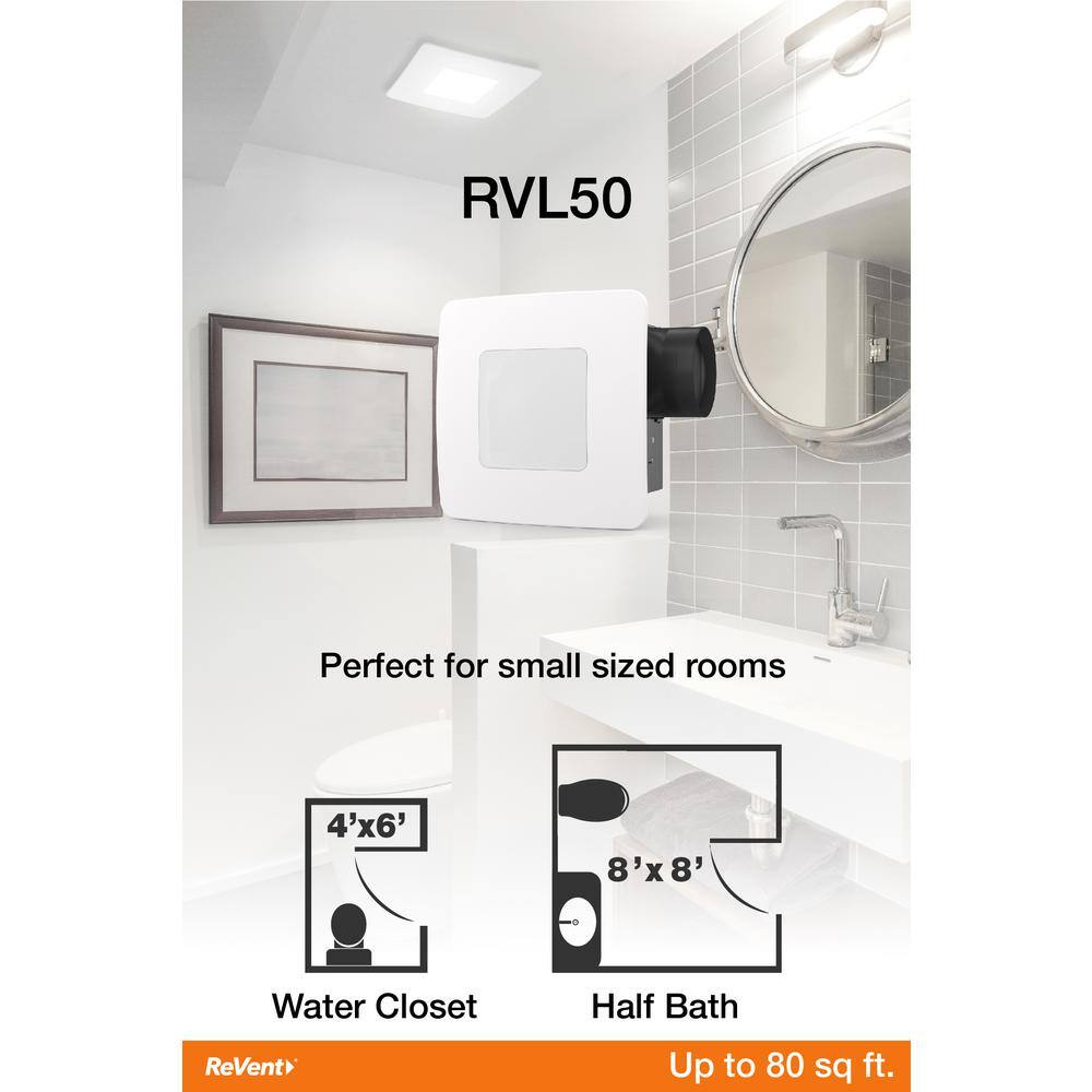 ReVent RVL50 50 CFM Ceiling Wall Mount Easy Roomside Installation Bathroom Bath Exhaust Fan with 5 Level LED Lighting, ENERGY STAR9