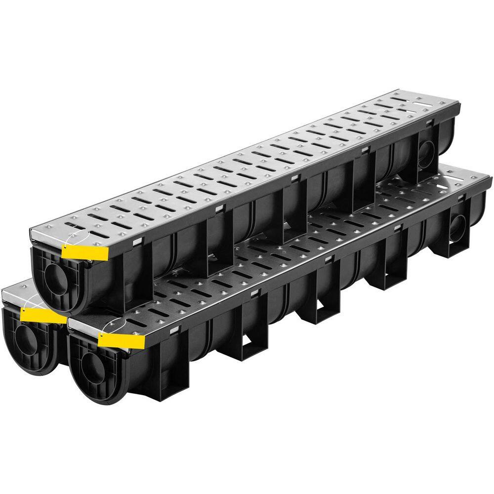SKYSHALO Trench Drain System, Channel Drain with Metal Grate, 5. 9x5. 1-In. HDPE Drainage Trench, Black Plastic Drain, 3 Pack SKYSHALO Trench Drain System, Channel Drain with Metal Grate, 5. 9x5. 1-In. HDPE Drainage Trench, Black Plastic Drain, 3 Pack