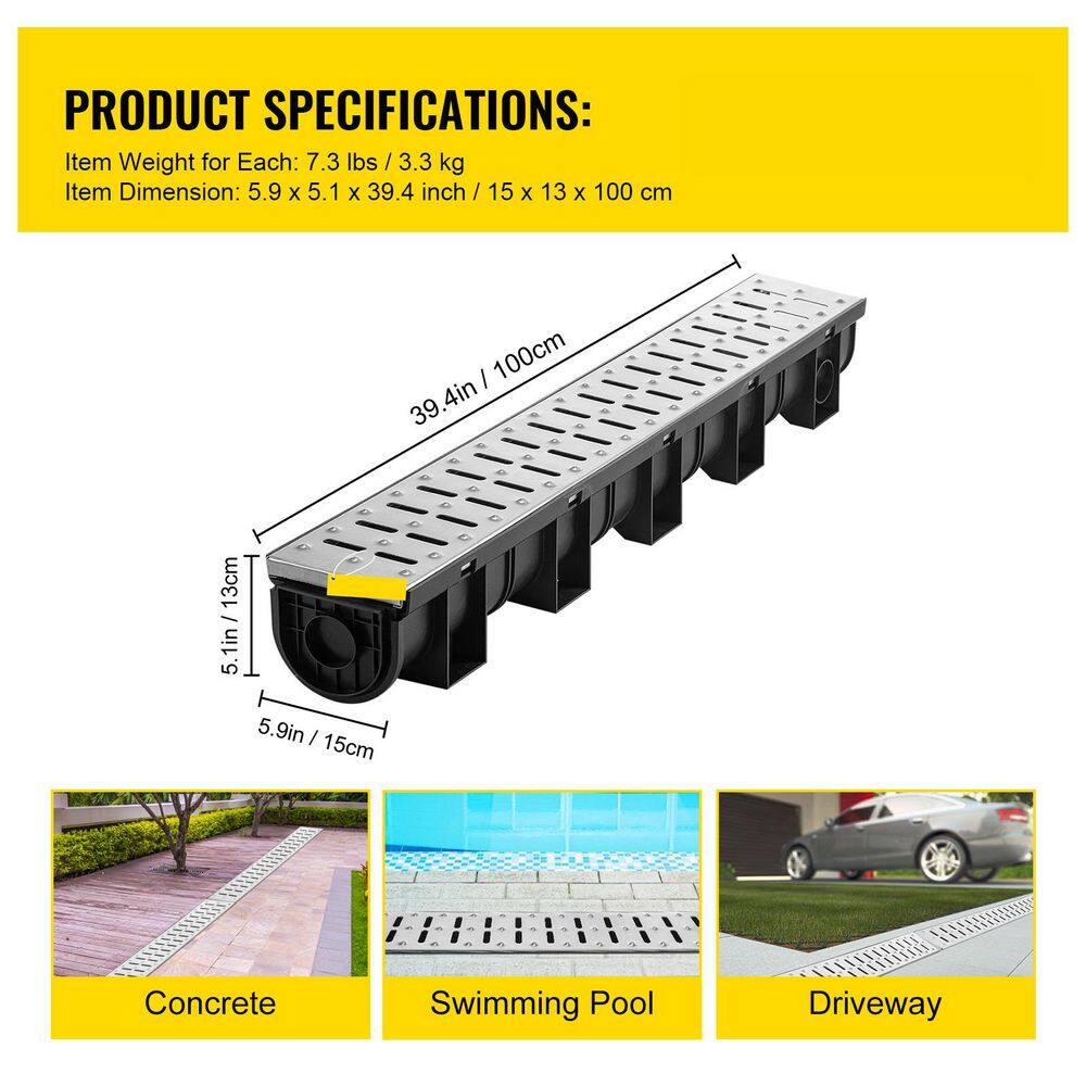 SKYSHALO Trench Drain System, Channel Drain with Metal Grate, 5. 9x5. 1-In. HDPE Drainage Trench, Black Plastic Drain, 3 Pack0