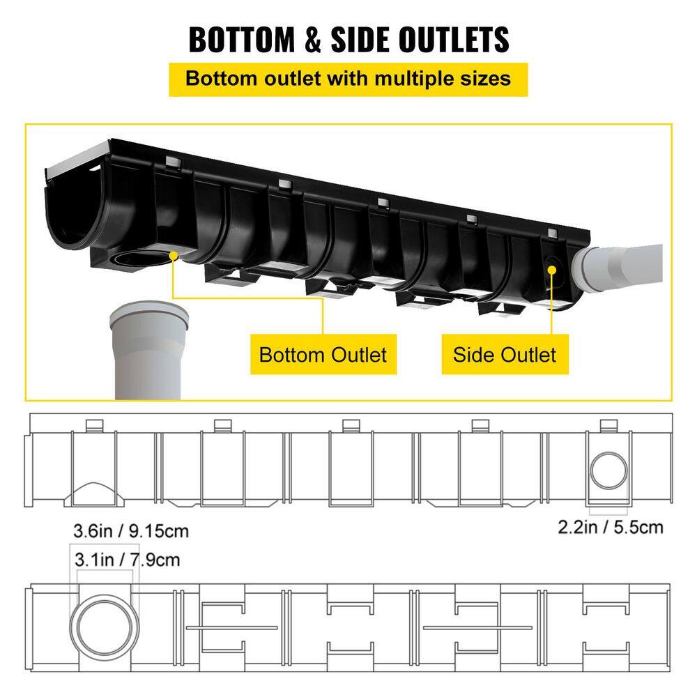 SKYSHALO Trench Drain System, Channel Drain with Metal Grate, 5. 9x5. 1-In. HDPE Drainage Trench, Black Plastic Drain, 3 Pack3