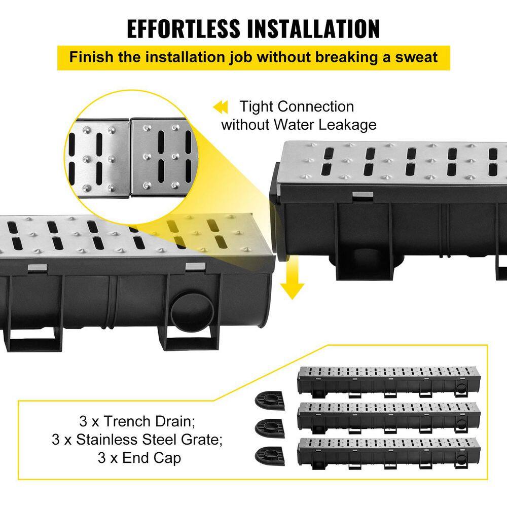 SKYSHALO Trench Drain System, Channel Drain with Metal Grate, 5. 9x5. 1-In. HDPE Drainage Trench, Black Plastic Drain, 3 Pack5