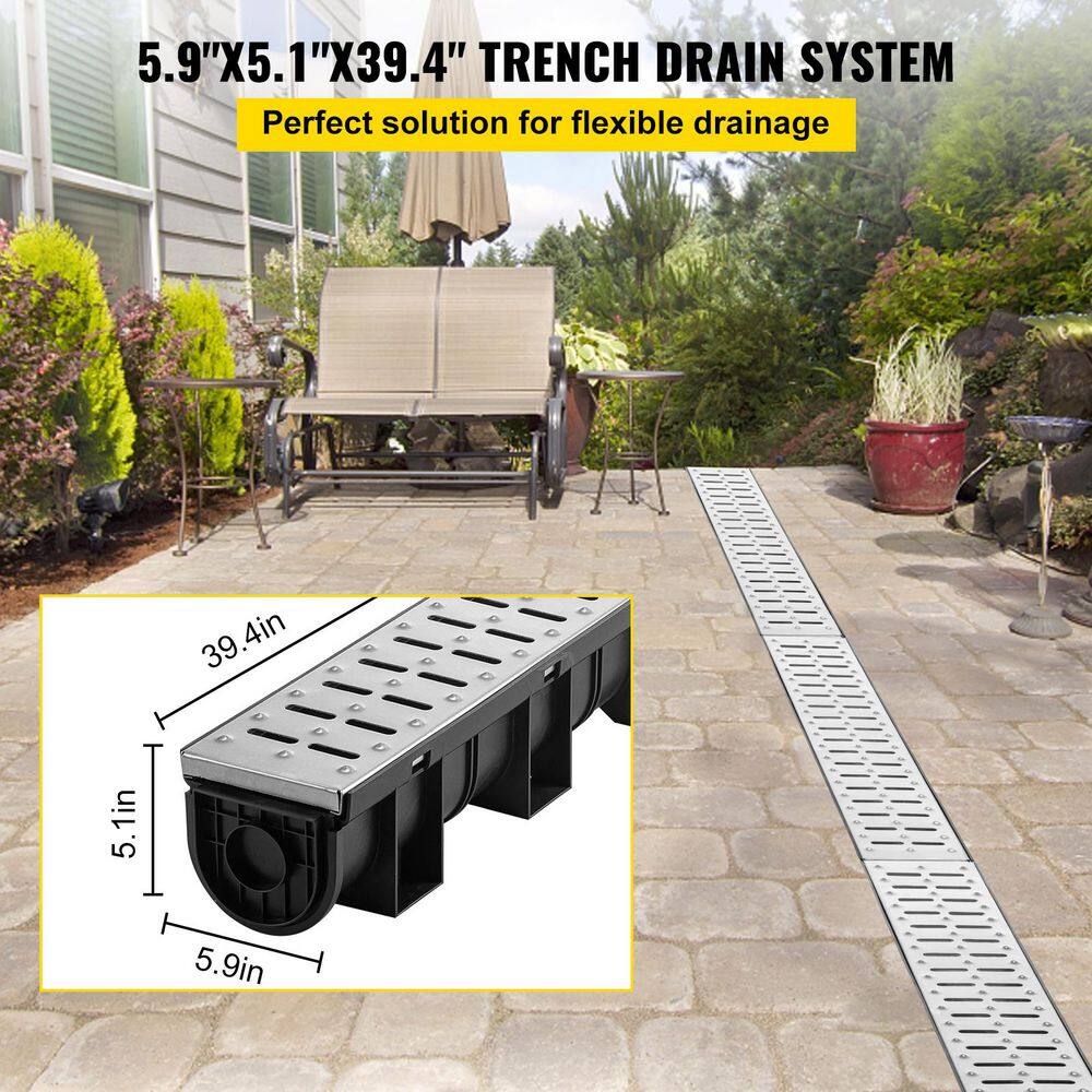 SKYSHALO Trench Drain System, Channel Drain with Metal Grate, 5. 9x5. 1-In. HDPE Drainage Trench, Black Plastic Drain, 3 Pack8