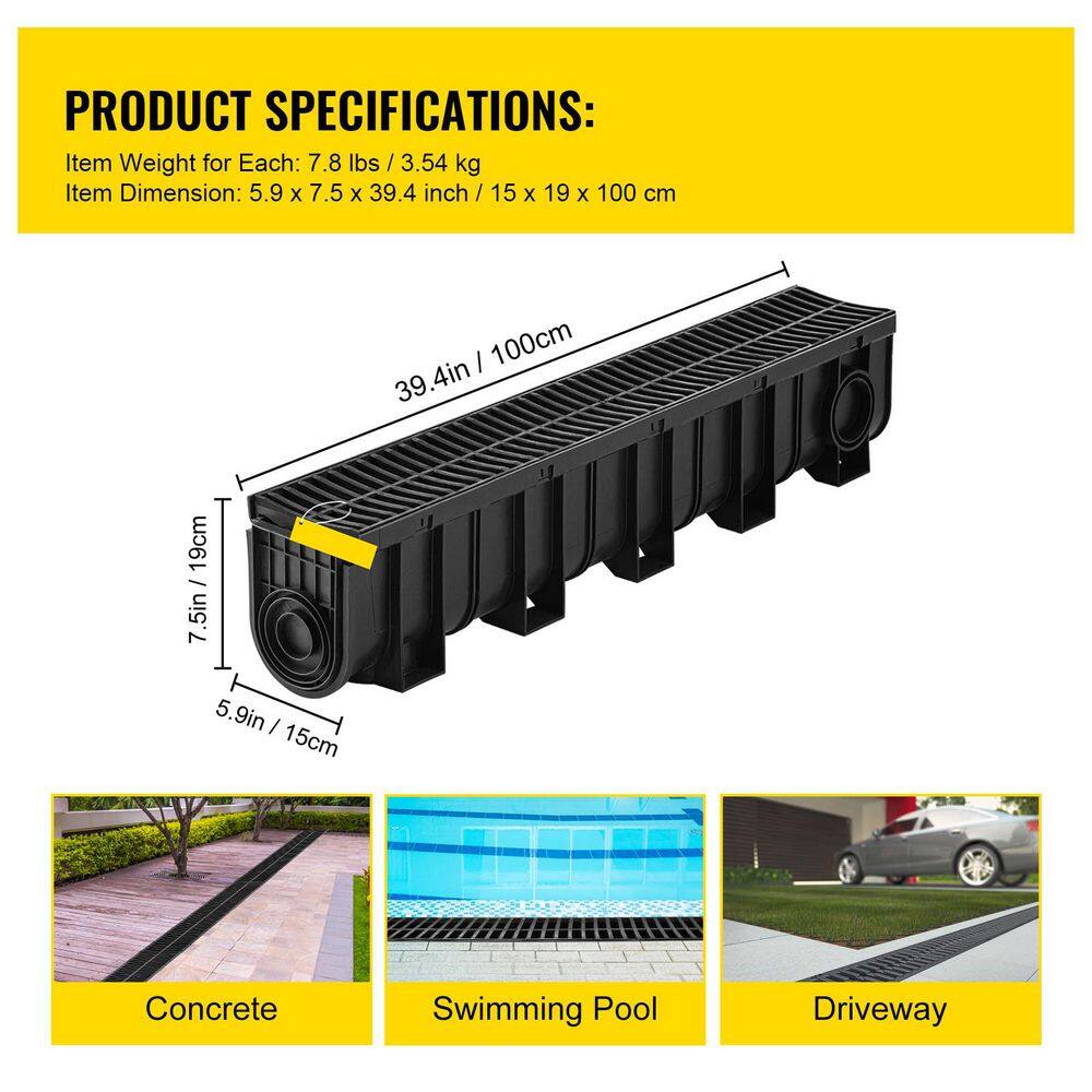 SKYSHALO Trench Drain System, Channel Drain with Plastic Grate, 5. 9x7. 5-In. HDPE Drainage Trench, Black Plastic Drain, 4 Pack0