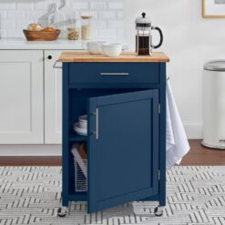 StyleWell SK17787Cr2-BBM Glenville Small Midnight Blue Rolling Kitchen Cart with Butcher Block Top and Single-Drawer Storage (24