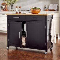 StyleWell SK17787Cr2-EBB Glenville Black Rolling Kitchen Cart with Butcher Block Top and Double-Drawer Storage (42 in. W)