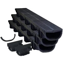 U.S. TRENCH DRAIN 83500-3 Compact Series 5.4 in. W x 3.2 in. D x 39.4 in. L Trench and Channel Drain Kit with Black Grate (3-Pack : 9.8 ft)