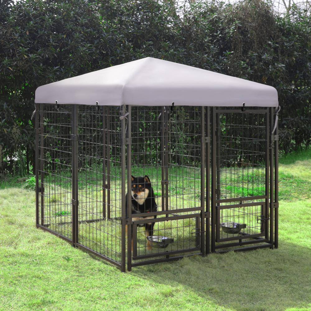 VEIKOUS PS0101-01-2 4.5 ft. x 4.5 ft. Dog Kennel Outdoor Dog Enclosure with Rotating Feeding Door and Polyester Cover VEIKOUS PS0101-01-2 4.5 ft. x 4.5 ft. Dog Kennel Outdoor Dog Enclosure with Rotating Feeding Door and Polyester Cover