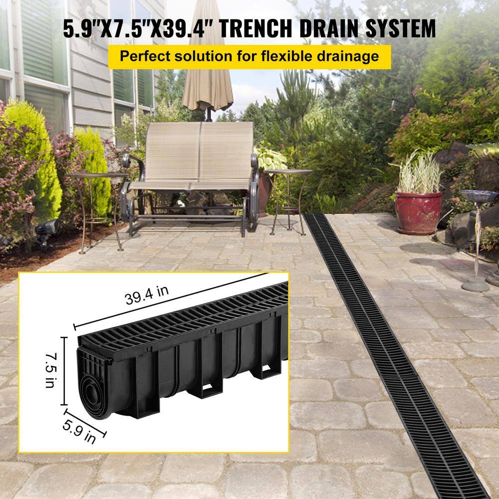 VEVOR Trench Drain System Channel Drain with Plastic Grate 5.9 x 7.5 in. HDPE Drainage Trench Black Plastic Garage Floor Drain1