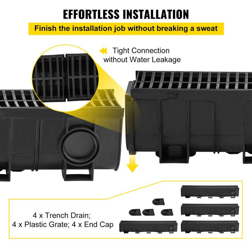 VEVOR Trench Drain System Channel Drain with Plastic Grate 5.9 x 7.5 in. HDPE Drainage Trench Black Plastic Garage Floor Drain2