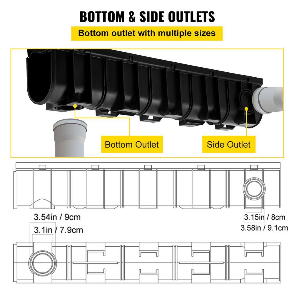 VEVOR Trench Drain System Channel Drain with Plastic Grate 5.9 x 7.5 in. HDPE Drainage Trench Black Plastic Garage Floor Drain5