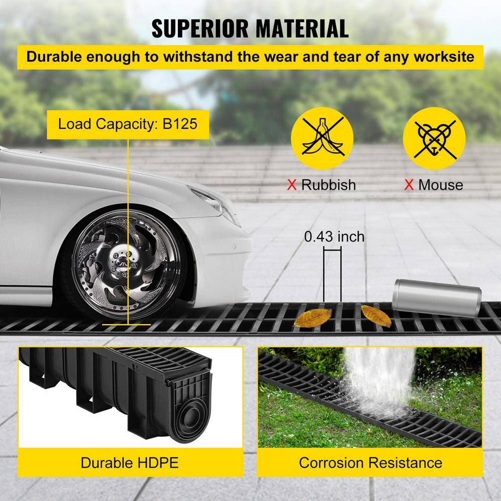 VEVOR Trench Drain System Channel Drain with Plastic Grate 5.9 x 7.5 in. HDPE Drainage Trench Black Plastic Garage Floor Drain7