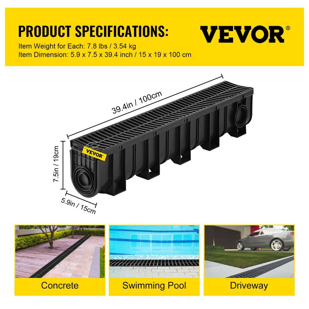 VEVOR Trench Drain System Channel Drain with Plastic Grate 5.9 x 7.5 in. HDPE Drainage Trench Black Plastic Garage Floor Drain8