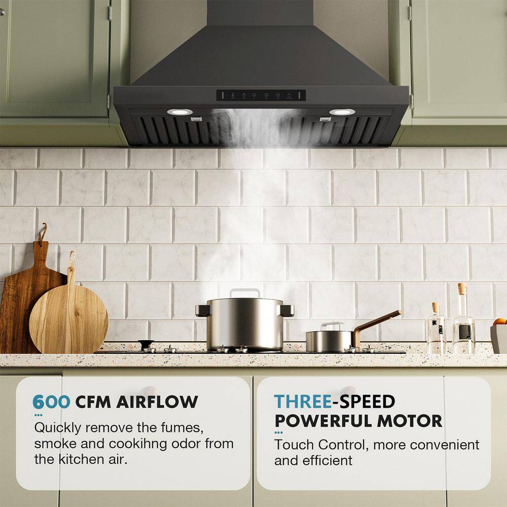 VIKIO PRO BG02-36-H 36 in. 600 CFM Ducted Wall Mount Range Hood in Black Stainless Steel with Gesture Control Charcoal Filter and LED light2
