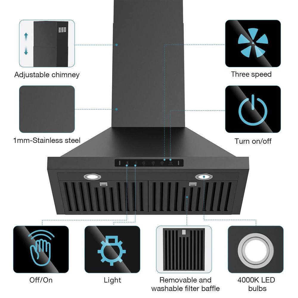 VIKIO PRO BG02-36-H 36 in. 600 CFM Ducted Wall Mount Range Hood in Black Stainless Steel with Gesture Control Charcoal Filter and LED light7