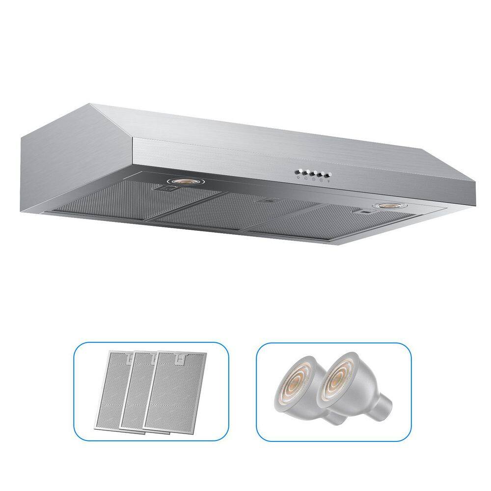 VIKIO PRO VC10-36 36 in. 400 CFM Ducted Under Cabinet Range Hood in Stainless Steel with Dual Motor and Push Button Control, Low Noise VIKIO PRO VC10-36 36 in. 400 CFM Ducted Under Cabinet Range Hood in Stainless Steel with Dual Motor and Push Button Control, Low Noise