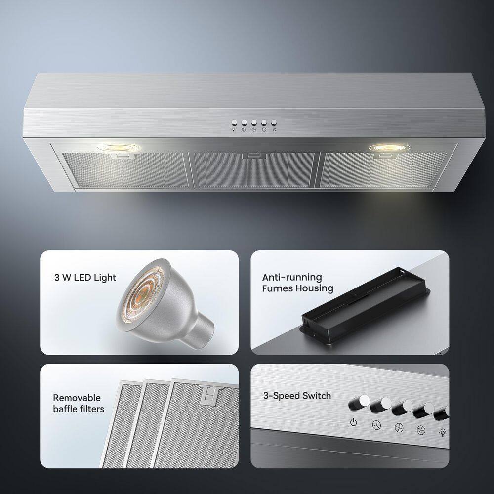 VIKIO PRO VC10-36 36 in. 400 CFM Ducted Under Cabinet Range Hood in Stainless Steel with Dual Motor and Push Button Control, Low Noise5