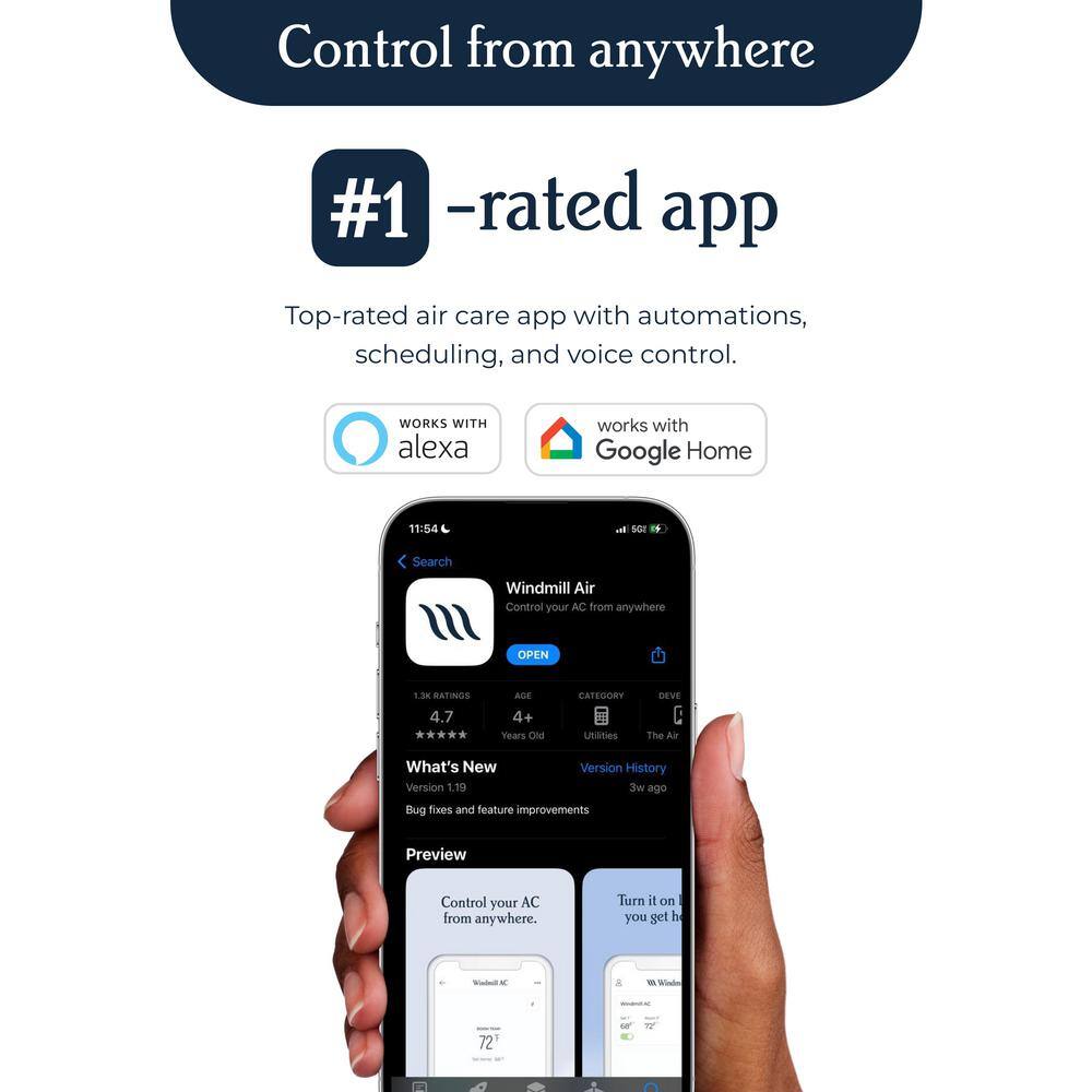 Windmill 08W2Wi 8,000 BTU 115-Volts QUIET Smart Inverter Window Air Conditioner, Wi-Fi Remote, #1 Install, up to 350 sq ft. Energy Star7