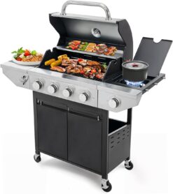 4 Burner Propane Gas Grill with Side Burner, Stainless Steel BBQ Grill 48,500 BTU for Outdoor Cooking Kitchen, Garden and Patio Backyard Barbecue, Dark Black and Silver
