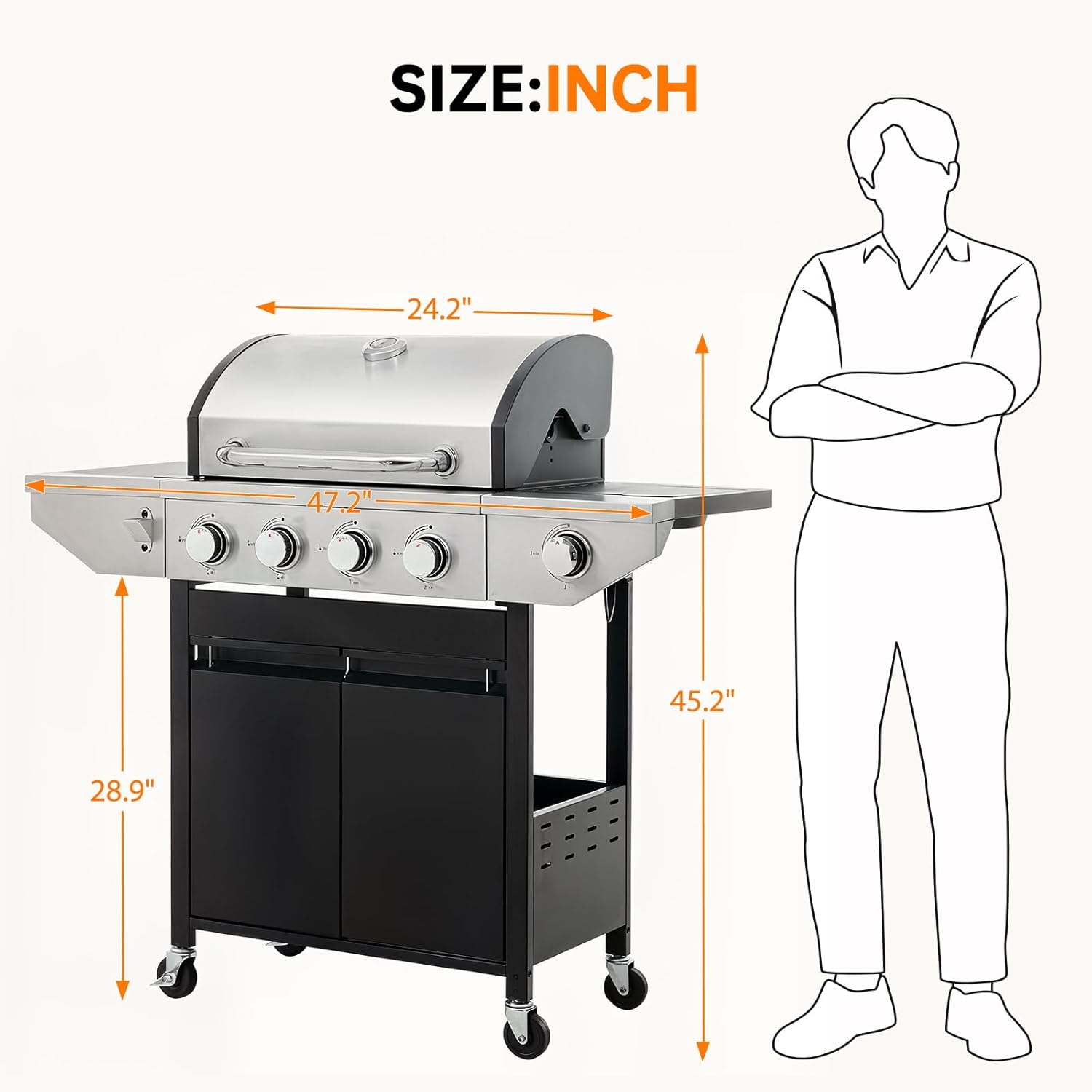 4 Burner Propane Gas Grill with Side Burner, Stainless Steel BBQ Grill 48,500 BTU for Outdoor Cooking Kitchen, Garden and Patio Backyard Barbecue, Dark Black and Silver0