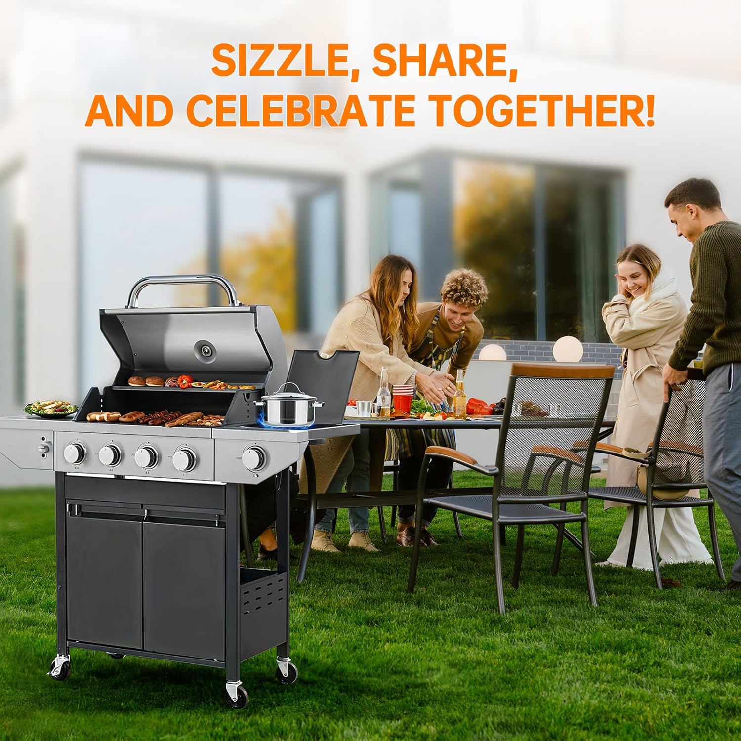 4 Burner Propane Gas Grill with Side Burner, Stainless Steel BBQ Grill 48,500 BTU for Outdoor Cooking Kitchen, Garden and Patio Backyard Barbecue, Dark Black and Silver13