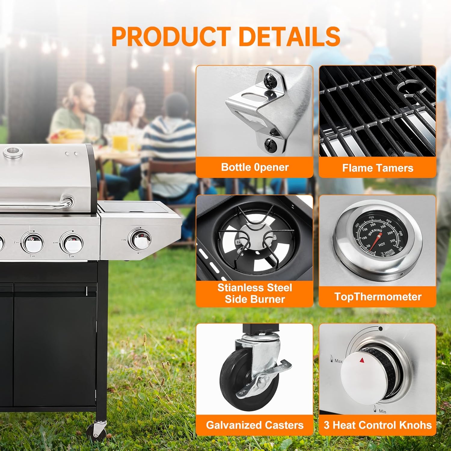 4 Burner Propane Gas Grill with Side Burner, Stainless Steel BBQ Grill 48,500 BTU for Outdoor Cooking Kitchen, Garden and Patio Backyard Barbecue, Dark Black and Silver9