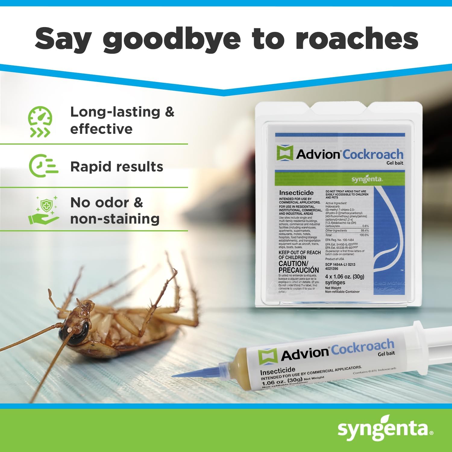 Advion Cockroach Gel Bait, 4 Tubes x 30-Grams, 1 Plunger and 2 Tips, Indoor and Outdoor Use, Roach Killer Gel for American, German and Other Major Cockroach Species (2 Pack)1