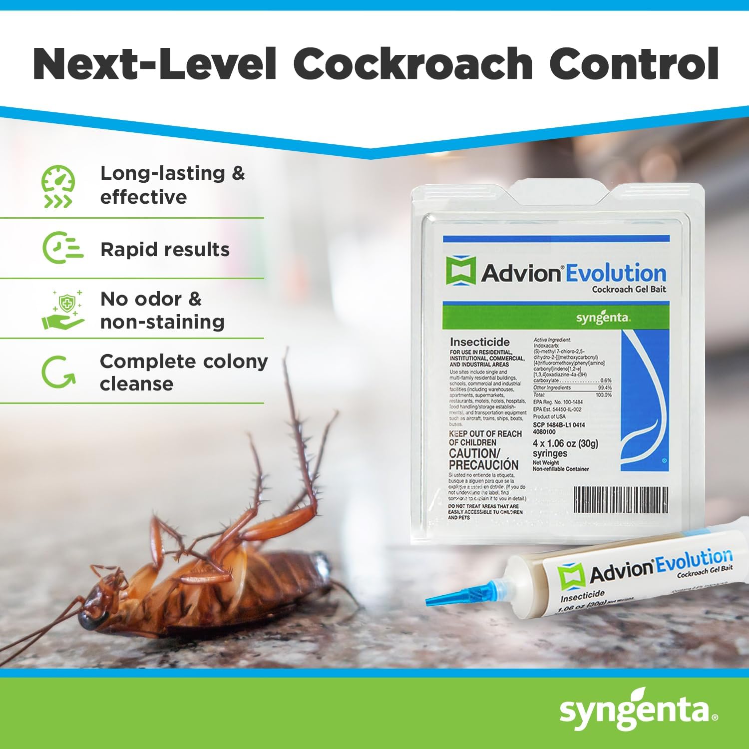 Advion Evolution Cockroach Gel Bait, 4 Tubes x 30-Grams, 1 Plunger and 2 Application Tips, Formulated with Indoxacarb, Enhanced Formulation, Ready-to-Use Roach Killer for Indoor and Outdoor Use1