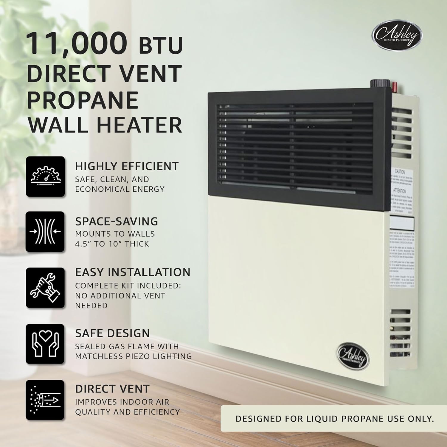 Ashley Hearth Products 11,000 BTU Direct Vent Liquid Propane Wall Mounted Heater with Piezo Lightning, Safety Pilot and Built In Regulator, Cream7