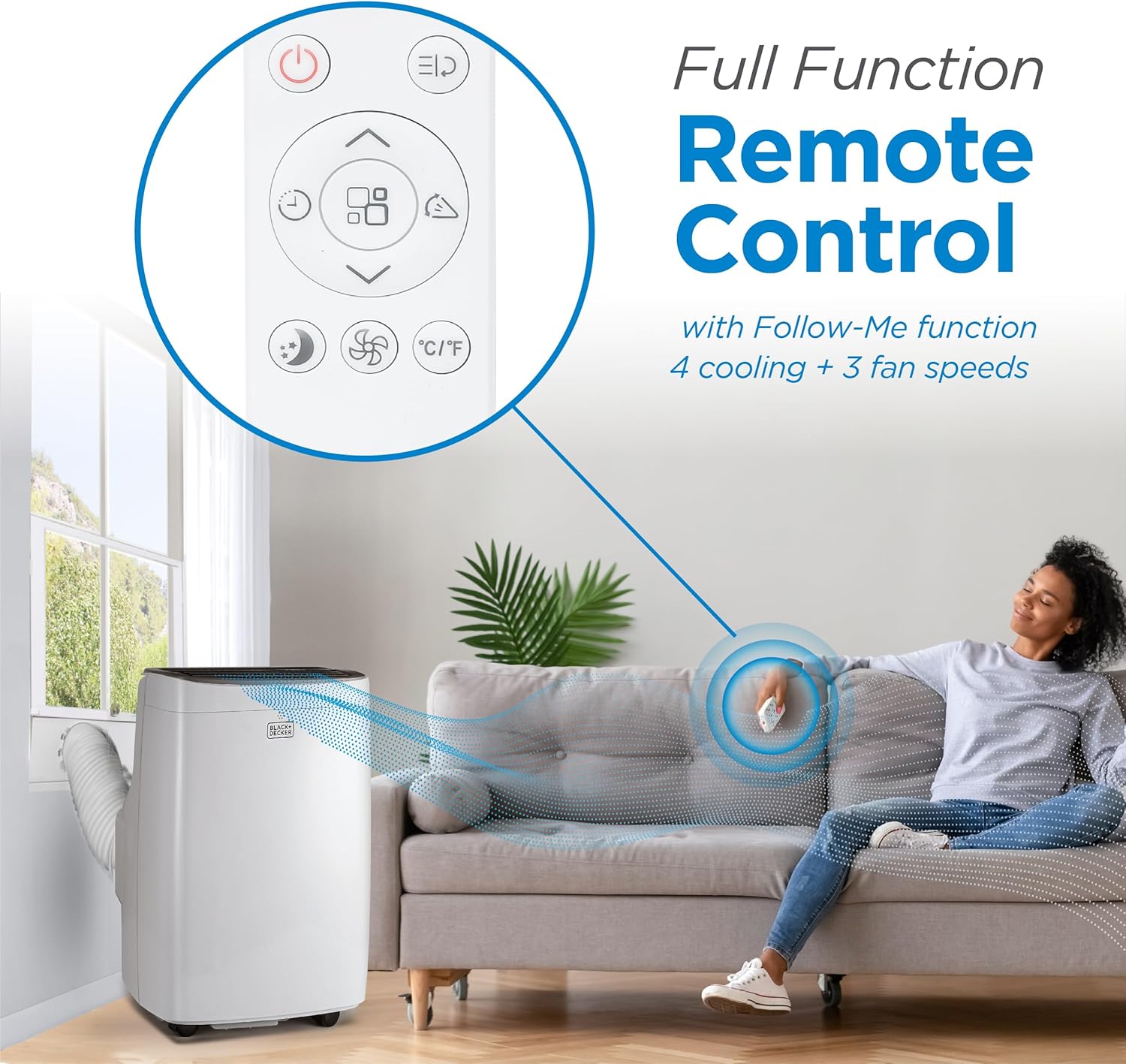 BLACK+DECKER Portable Air Conditioner, 9,000 BTU (5,300 BTU SACC) for Rooms up to 400 Sq. Ft., Portable AC with Follow Me Remote Control and Window Kit, BPACT08WT, White1