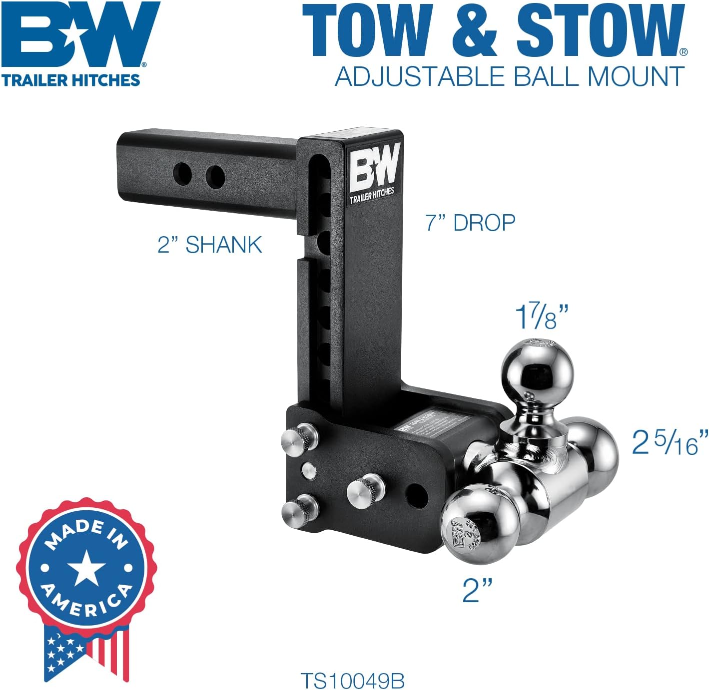 B&W Trailer Hitches Tow & Stow Adjustable Trailer Hitch Ball Mount - Fits 2 Receiver, Tri-Ball (1-7 8 x 2 x 2-5 16), 7 Drop, 10,000 GTW - TS10049B1