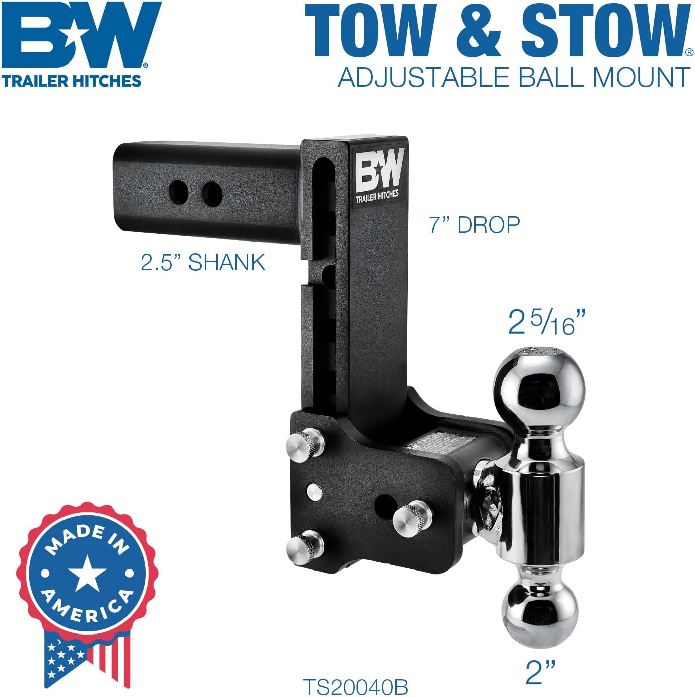 B&W Trailer Hitches Tow & Stow Adjustable Trailer Hitch Ball Mount - Fits 2.5 Receiver, Dual Ball (2 x 2-5 16), 7 Drop, 18,000 GTW - TS20040B1