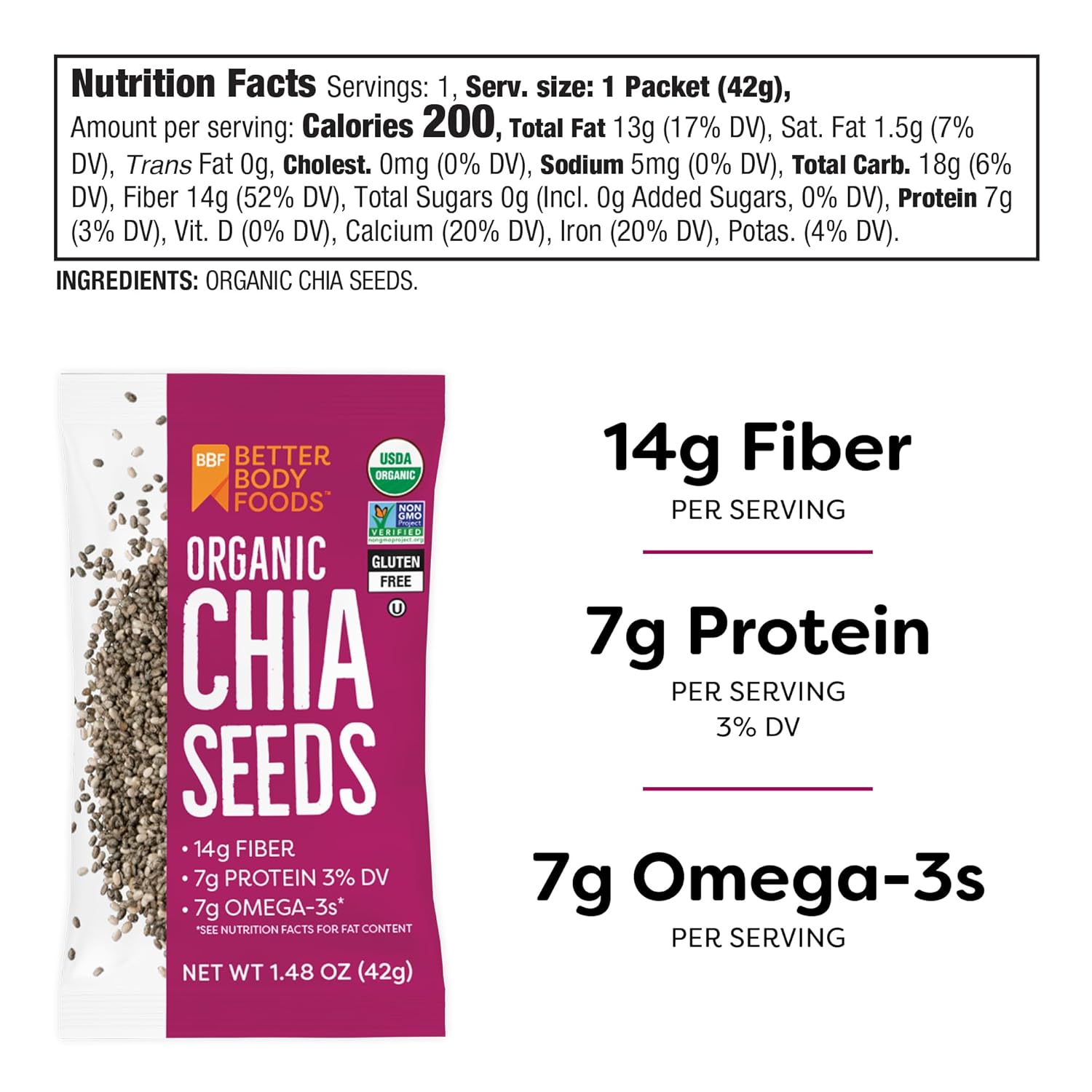 Betterbody Foods Organic Chia Seeds, 1.48 oz packets (Pack of 24)1