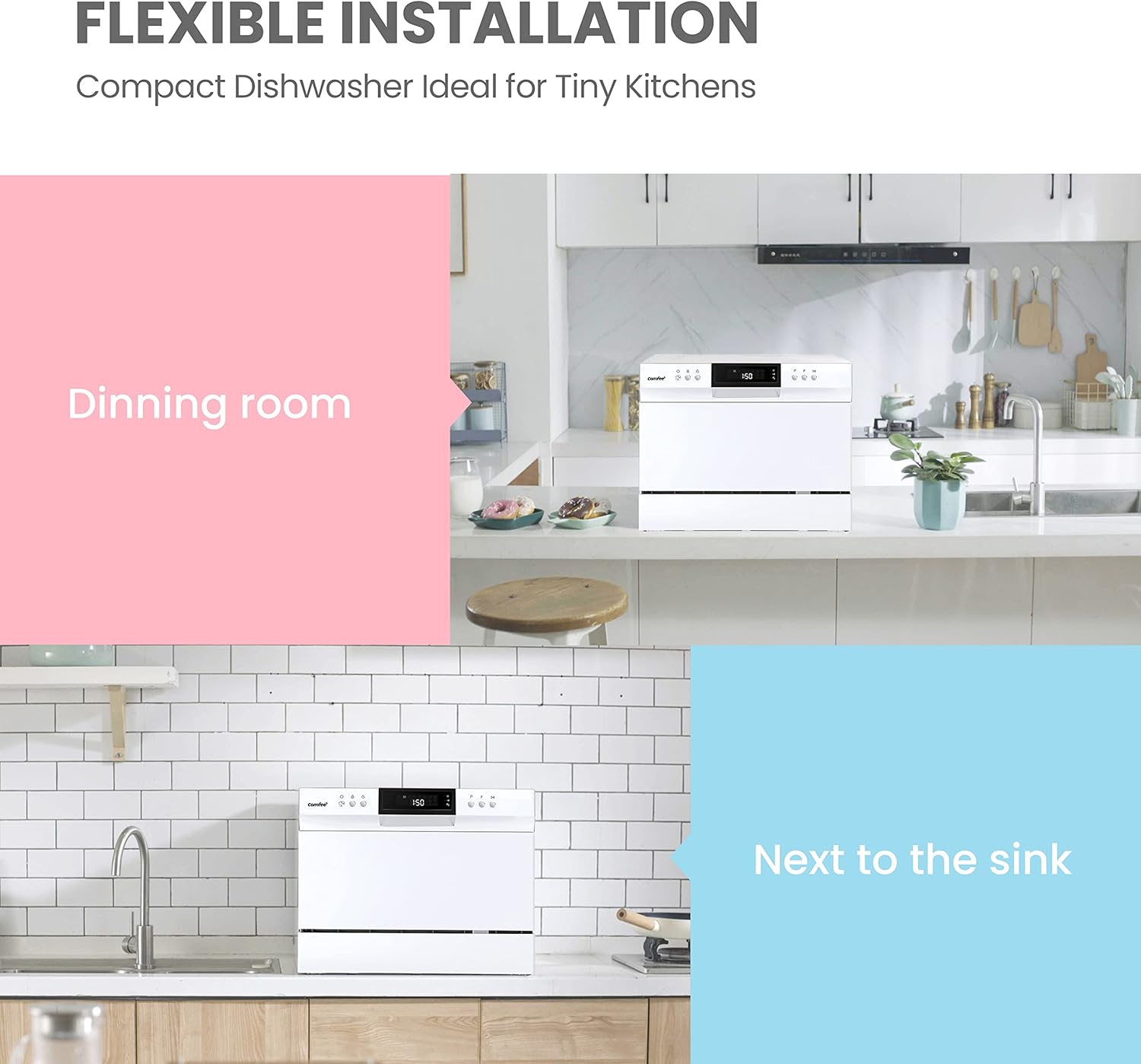COMFEE’ Portable Mini Dishwasher, Energy Star, Countertop, 6 Place Settings, with 8 Washing Programs, Speed, Baby-Care, ECO& Glass, Dish Washer for Dorm, RV& Apartment, White3