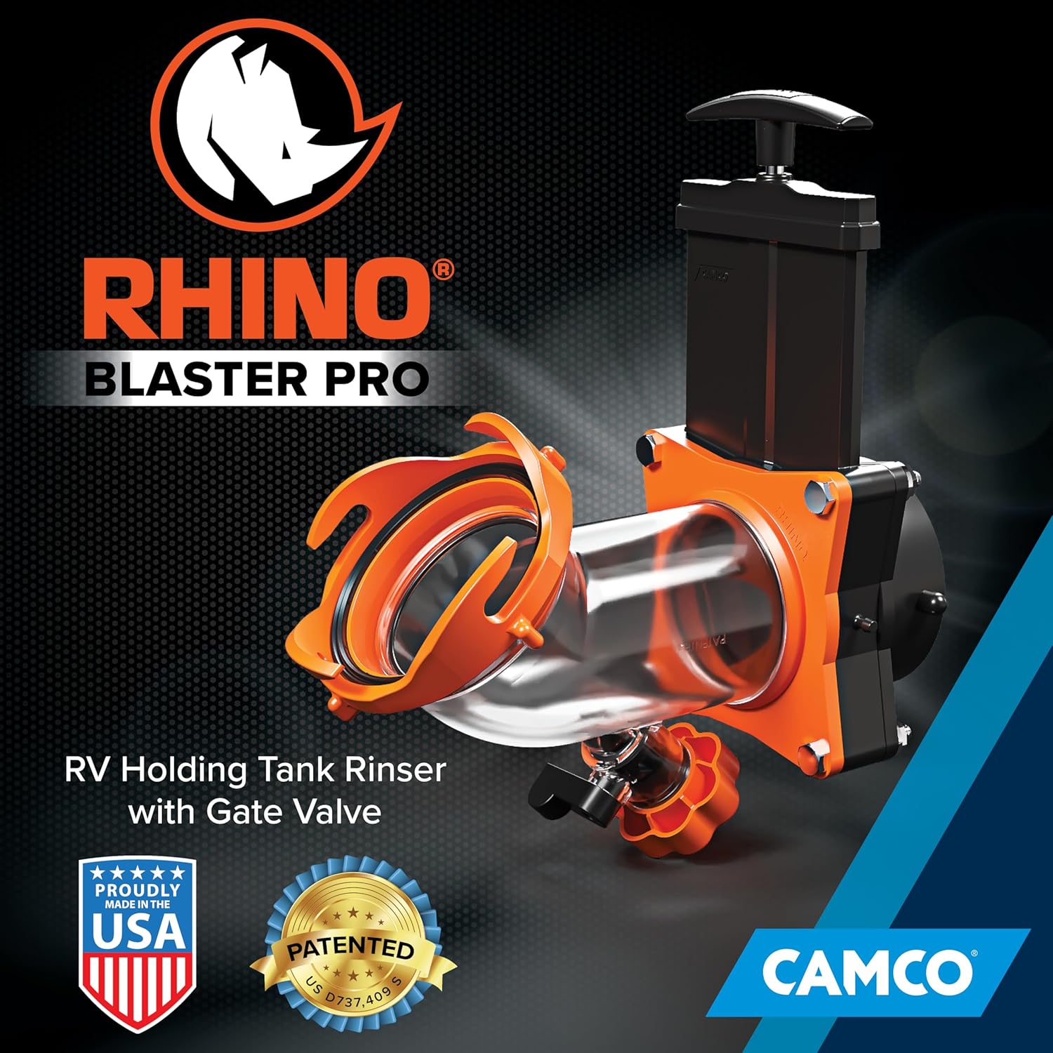 Camco Rhino Blaster RV Tank Rinser with Gate Valve & Backflow Preventer RV Accessories for Waste Tank Cleaning - Essential Camper Supplies for Odor Control and Sensor Maintenance - (39086)1