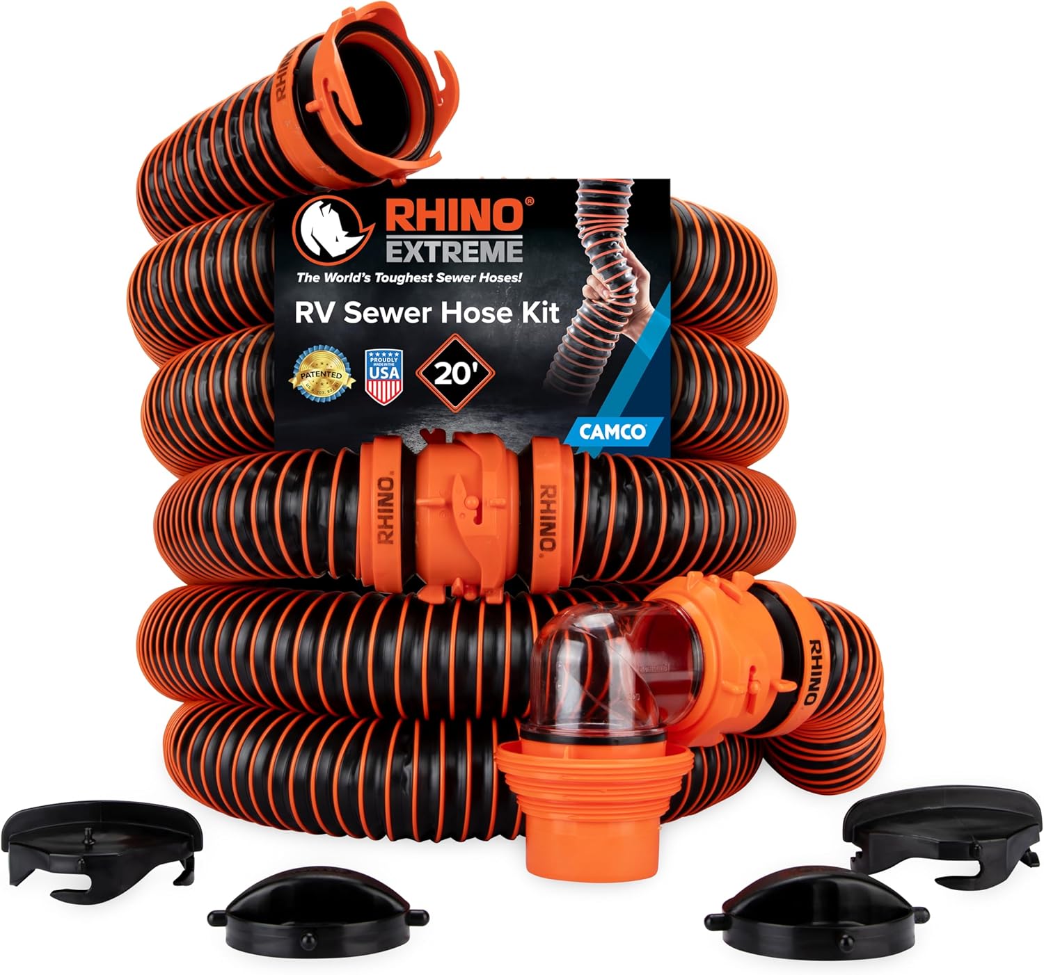 Camco RhinoEXTREME 20' RV Sewer Hose Kit – Premium Sewer Kit — Pre-Assembled & Ready-to-Use — Includes 4-in-1 Dump Station Adapter & Storage Caps — Crush & Abrasion Resistant (21012) Camco RhinoEXTREME 20' RV Sewer Hose Kit – Premium Sewer Kit — Pre-Assembled & Ready-to-Use — Includes 4-in-1 Dump Station Adapter & Storage Caps — Crush & Abrasion Resistant (21012)