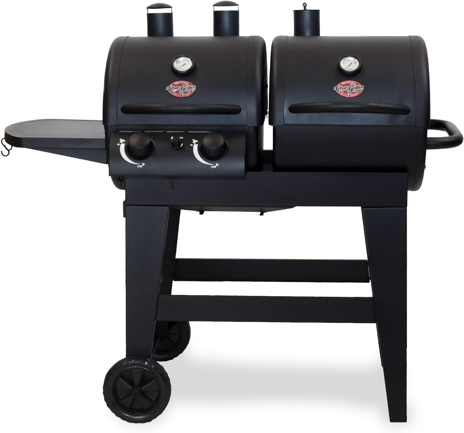 Char-Griller® Dual-Function 2-Burner 24,000 BTU Propane Gas and Charcoal Combination Grill and Smoker with 870 Cooking Square Inches in Black, Model E5030 Char-Griller® Dual-Function 2-Burner 24,000 BTU Propane Gas and Charcoal Combination Grill and Smoker with 870 Cooking Square Inches in Black, Model E5030