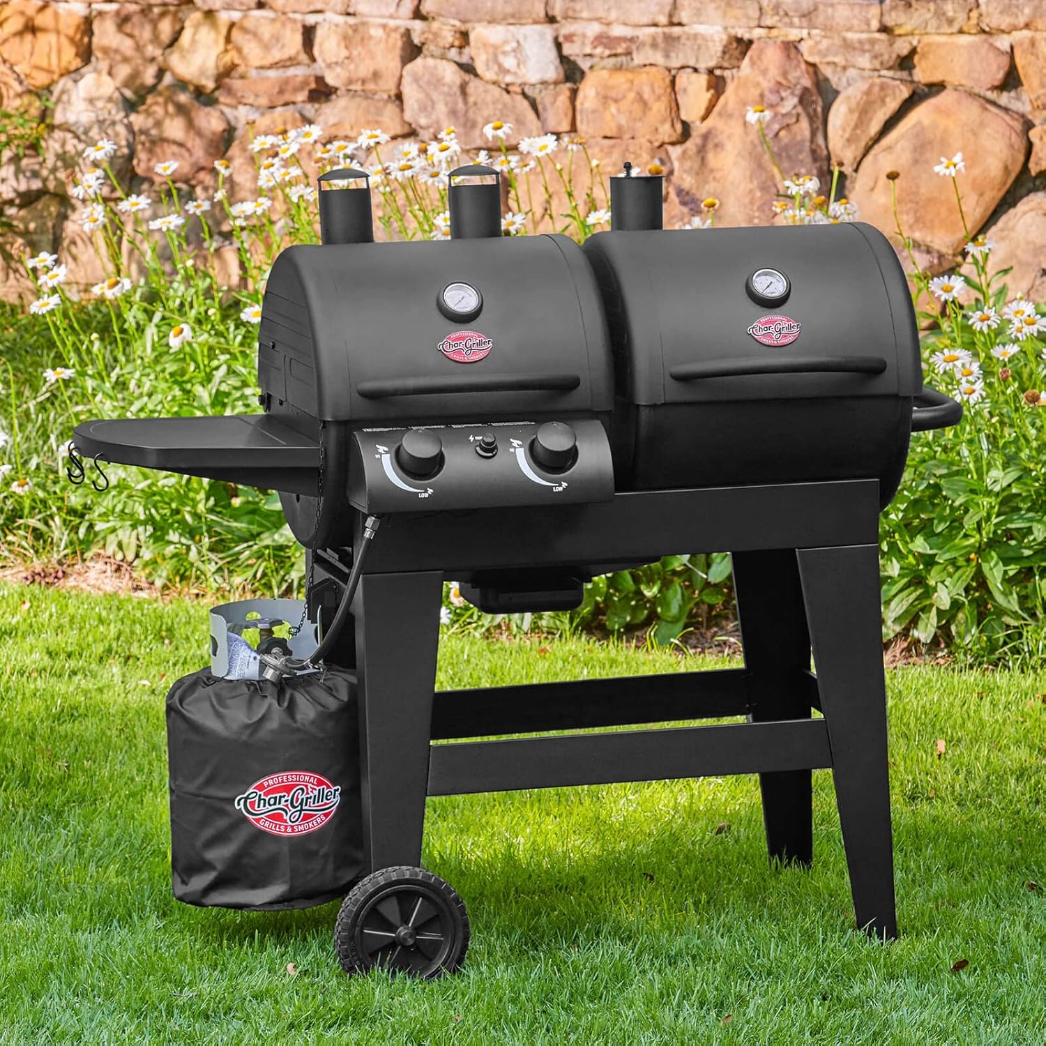 Char-Griller® Dual-Function 2-Burner 24,000 BTU Propane Gas and Charcoal Combination Grill and Smoker with 870 Cooking Square Inches in Black, Model E50301