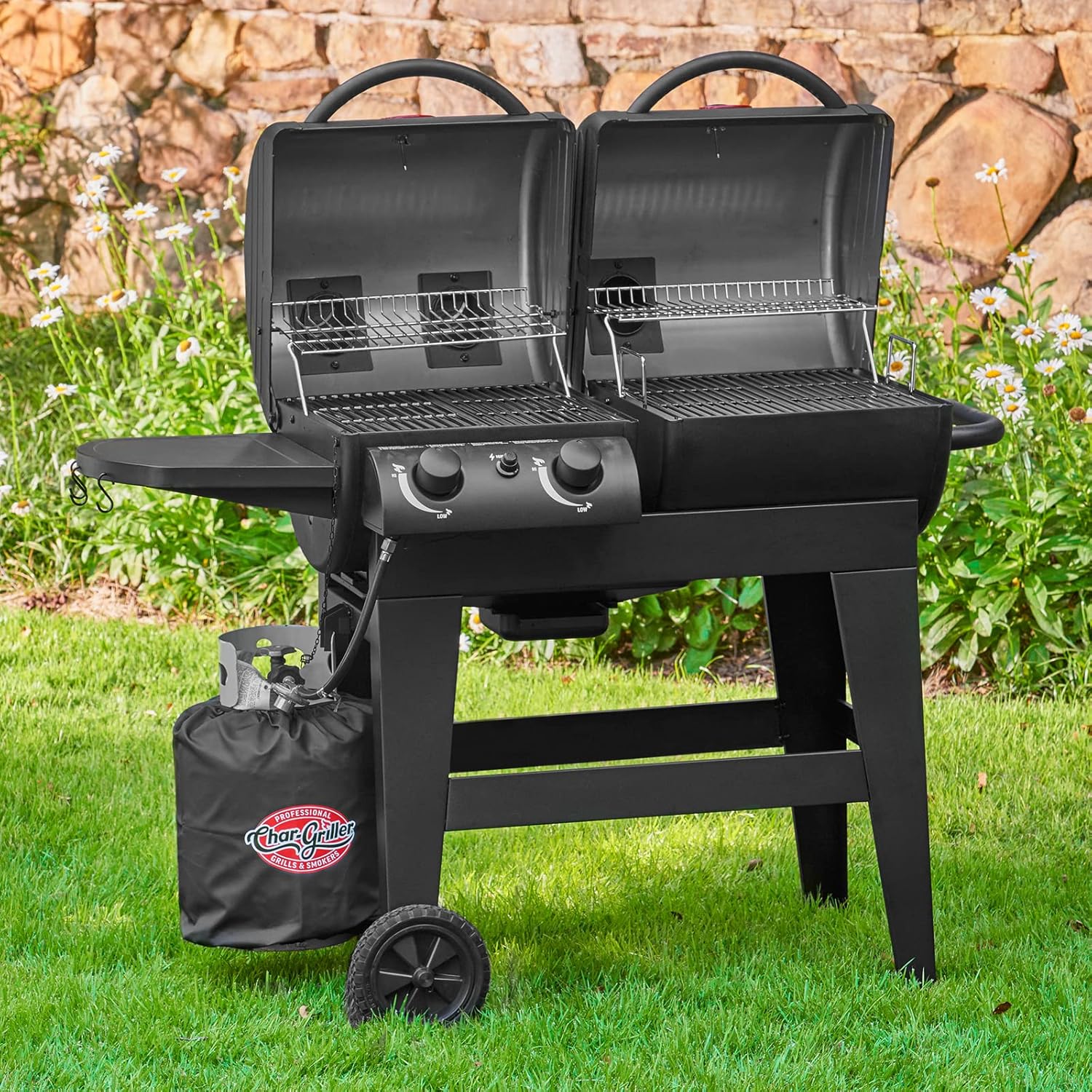 Char-Griller® Dual-Function 2-Burner 24,000 BTU Propane Gas and Charcoal Combination Grill and Smoker with 870 Cooking Square Inches in Black, Model E50303