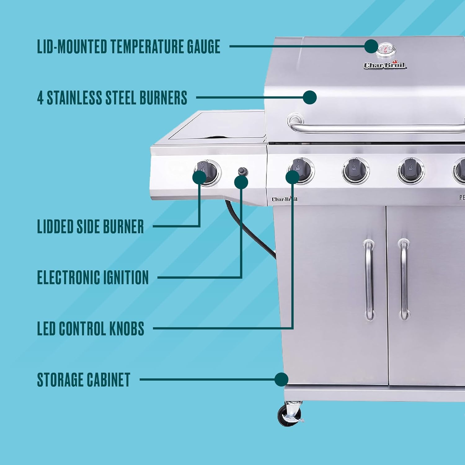 Charbroil Performance Series Convective 4-Burner with Side Burner Cabinet Propane Gas Grill, Stainless Steel - 46335402112