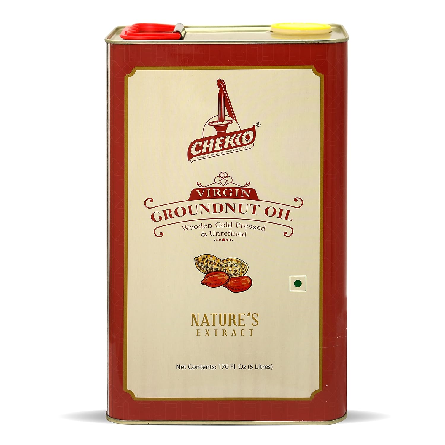 Chekko Cold Pressed Virgin 5L Groundnut Peanut Oil 100% Natural, Pure, Non GMO & Wood Pressed 169 FL.Oz for Cooking Chekko Cold Pressed Virgin 5L Groundnut / Peanut Oil | 100% Natural, Pure, Non GMO & Wood Pressed 169 FL.Oz for Cooking