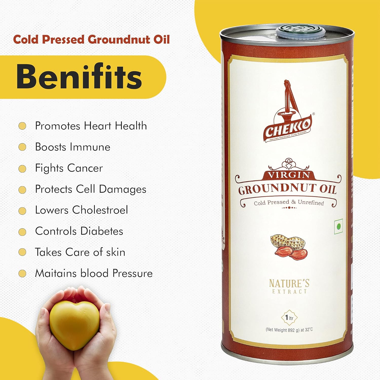 Chekko Cold Pressed Virgin 5L Groundnut Peanut Oil 100% Natural, Pure, Non GMO & Wood Pressed 169 FL.Oz for Cooking0