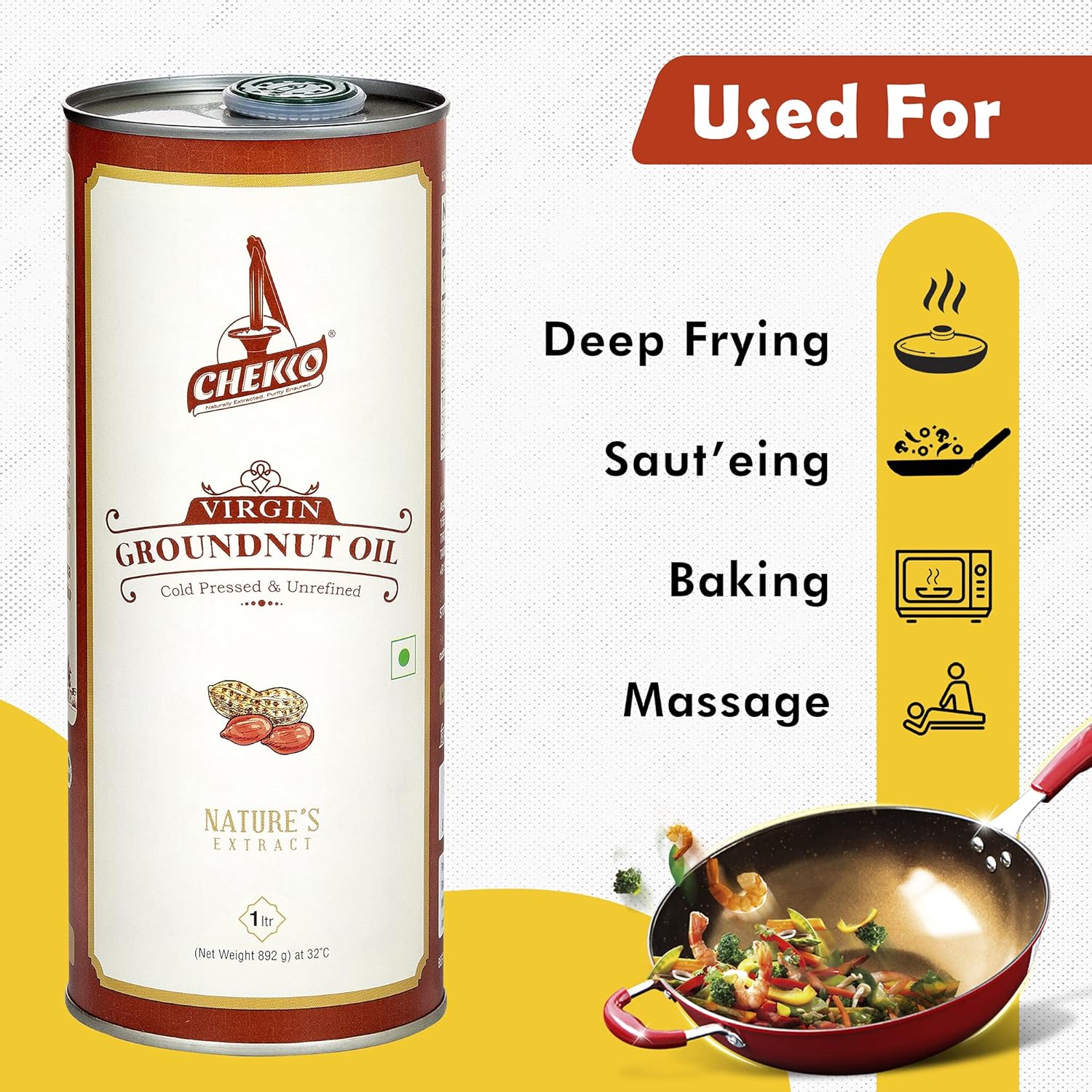 Chekko Cold Pressed Virgin 5L Groundnut Peanut Oil 100% Natural, Pure, Non GMO & Wood Pressed 169 FL.Oz for Cooking90